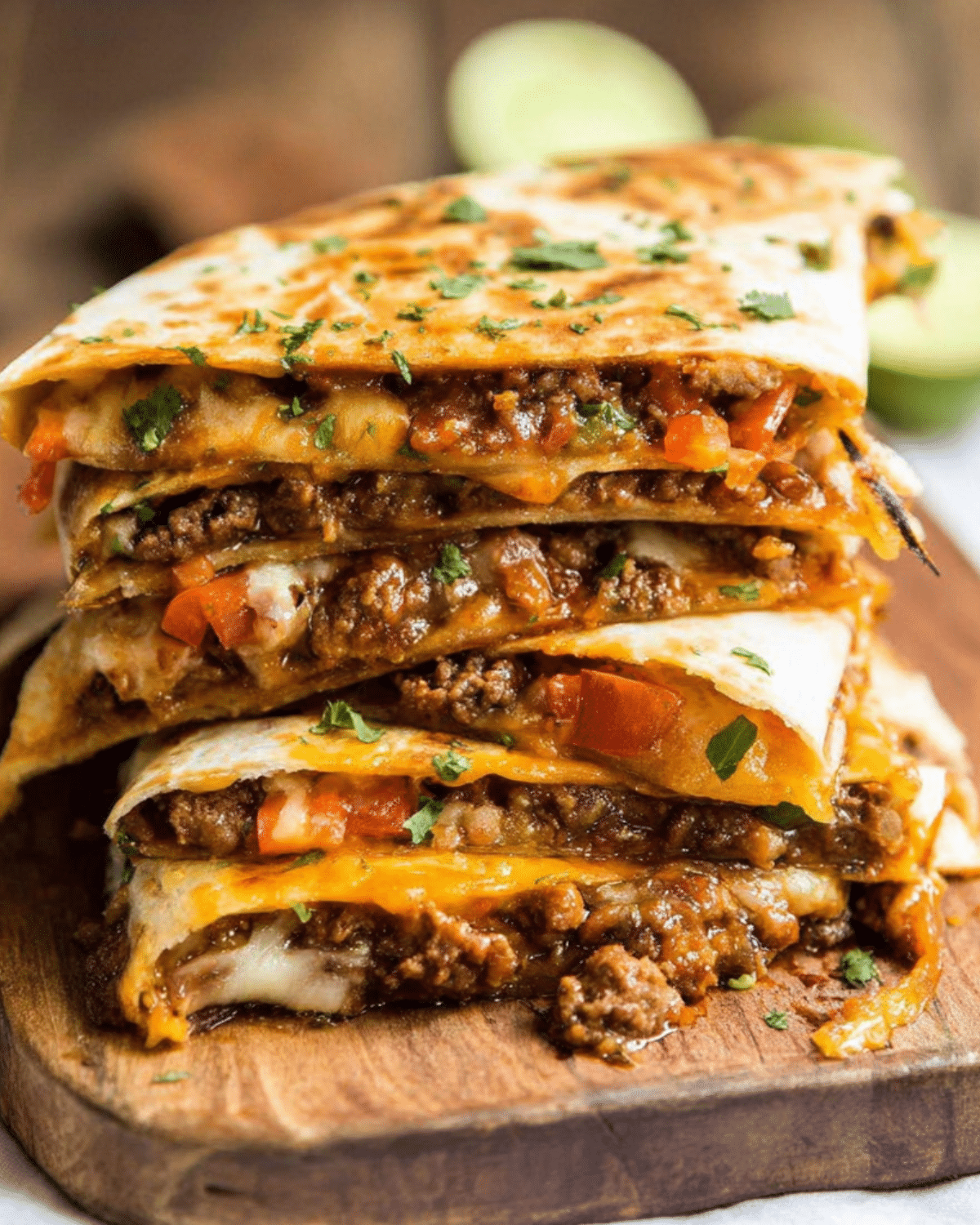 Stack of Cheesy Beef Quesadilla slices filled with seasoned ground beef, melted cheese, and diced tomatoes on a wooden board.