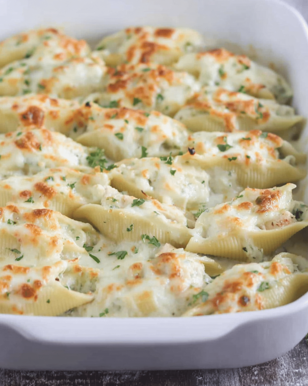 A white baking dish filled with golden, cheesy Chicken Alfredo Stuffed Shells garnished with chopped parsley.