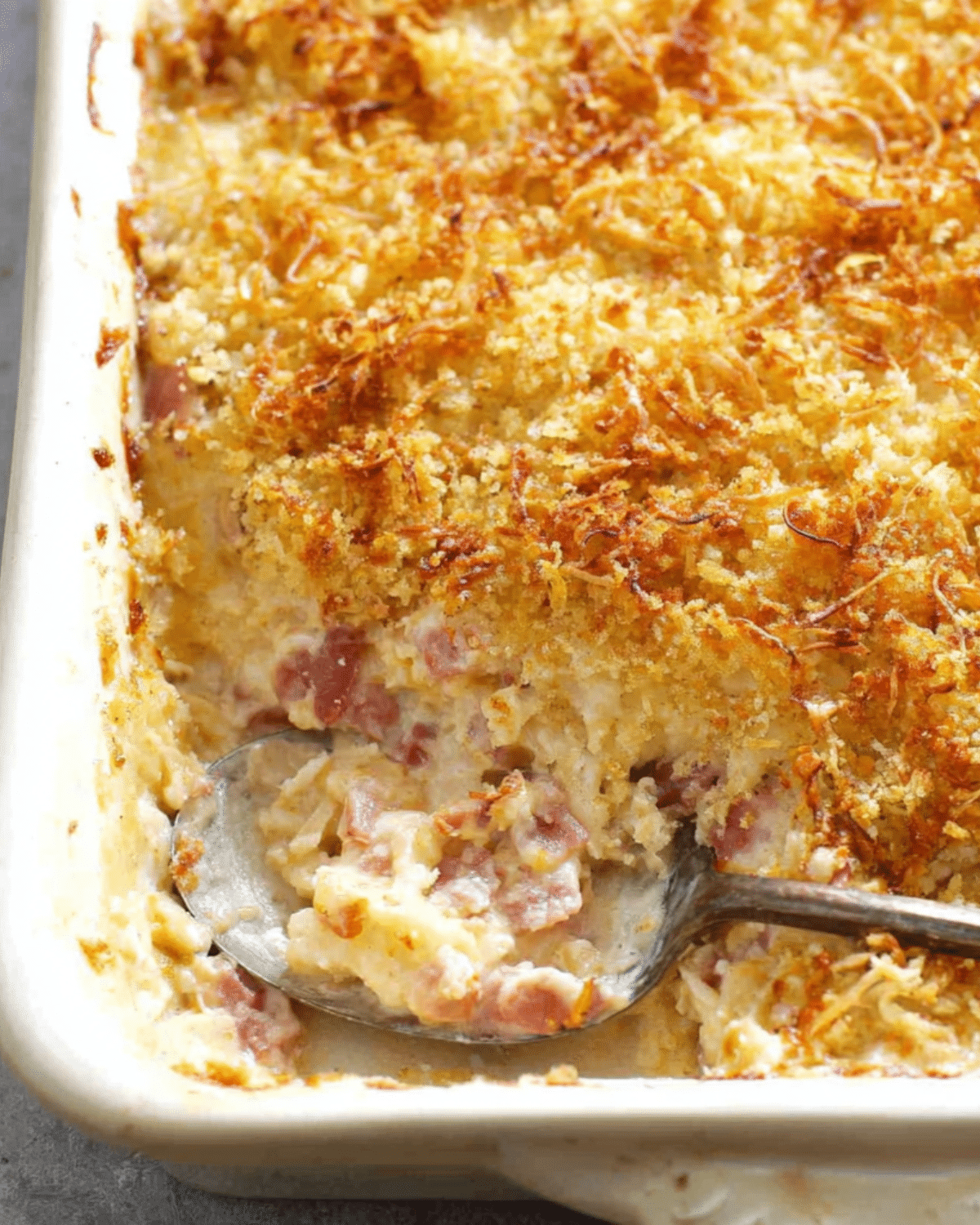Close-up of creamy Chicken Cordon Bleu Casserole with a golden breadcrumb topping in a white baking dish.