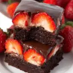 Stack of rich Chocolate Covered Strawberry Brownies topped with glossy chocolate ganache and fresh strawberry halves.