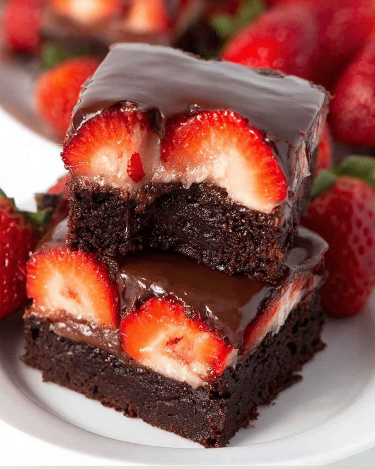 Stack of rich Chocolate Covered Strawberry Brownies topped with glossy chocolate ganache and fresh strawberry halves.