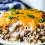 Hamburger Rice Casserole slice topped with melted cheddar cheese and fresh parsley on a plate.