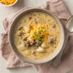 Bowl of Potato Cheeseburger Soup with ground beef, potato chunks, cheddar cheese, red onions, and herbs, served on a cloth napkin with a spoon.