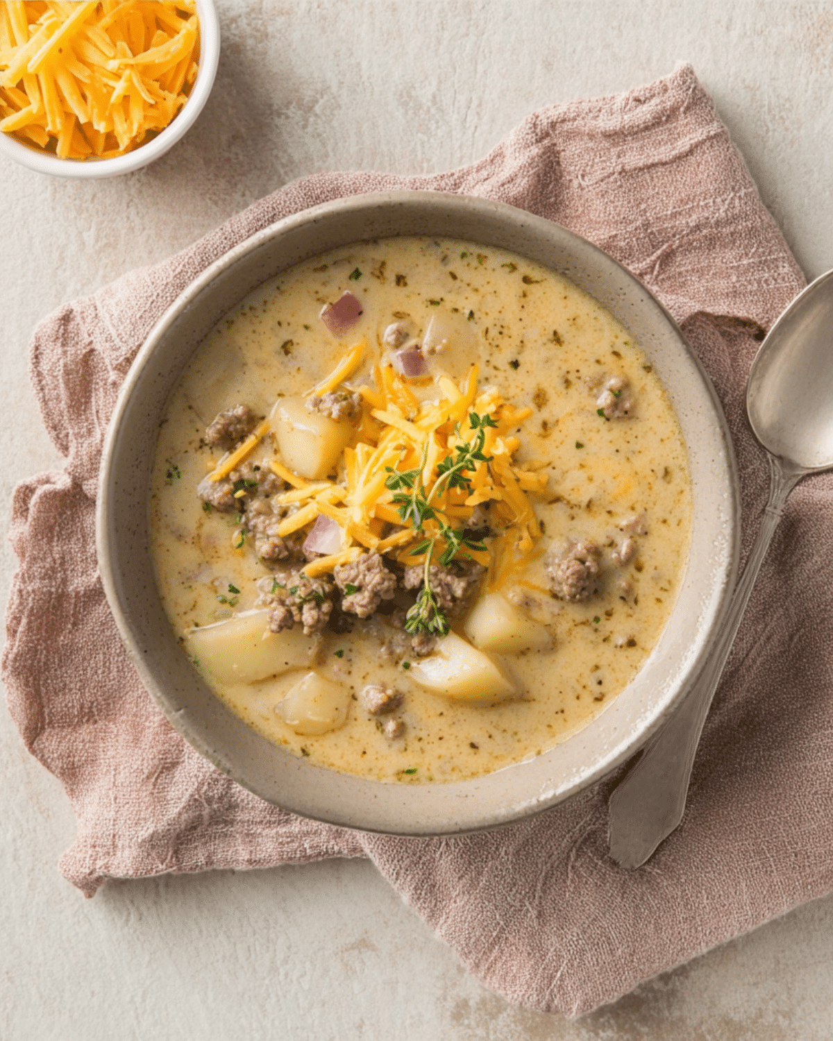 Bowl of Potato Cheeseburger Soup with ground beef, potato chunks, cheddar cheese, red onions, and herbs, served on a cloth napkin with a spoon.