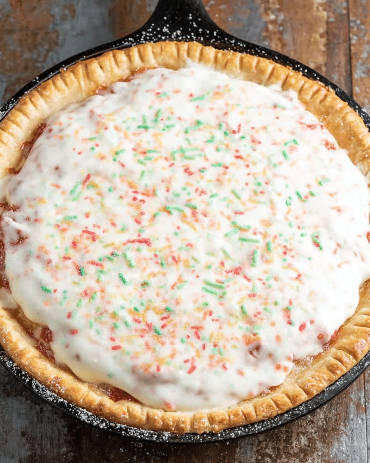 Strawberry Pop Tart pie with a golden crust, frosted top layer, and colorful rainbow sprinkles in a skillet.