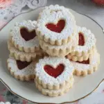 Plate of soft and sweet Linzer cookies filled with raspberry jam and dusted with powdered sugar.