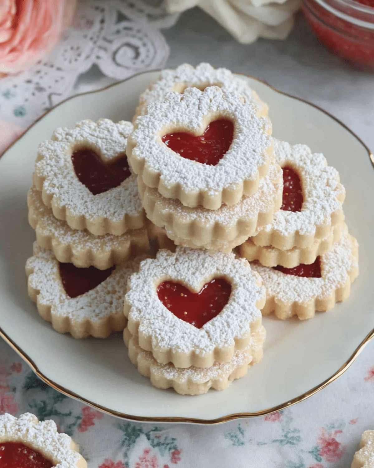 Plate of soft and sweet Linzer cookies filled with raspberry jam and dusted with powdered sugar.