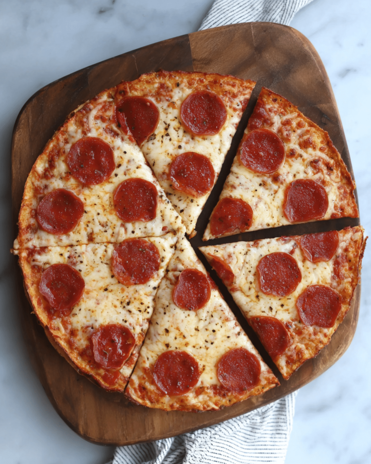 Pepperoni pizza made with sourdough discard pizza crust, sliced and served on a wooden board.