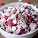Bowl of colorful Valentine puppy chow with pink, red, and white coated cereal and heart-shaped candies.